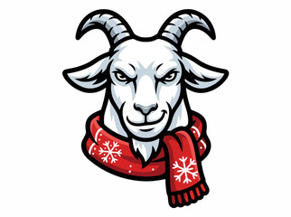 Fototapeta premium White winter goat mascot logo wearing a red snowflake scarf. Symmetrical front facing head design. Festive vector illustration isolated on white