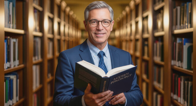 smiling mature male professor or librarian with glasses and a blue suit holding an open book titled modern philosophy in a library with rows of bookshelves