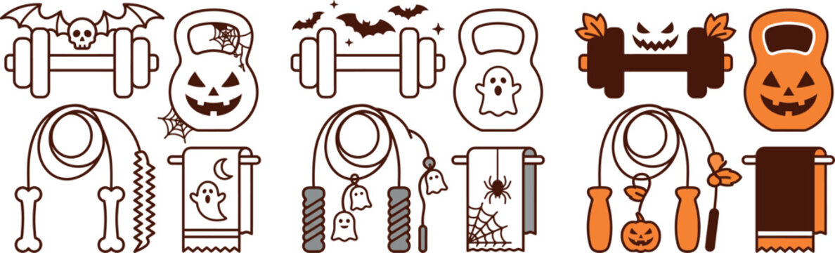 Halloween fitness equipment set with dumbbells, kettlebells and towels