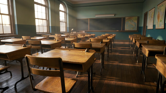 Empty vintage wooden classroom with old desks and sunlight streaming through windows