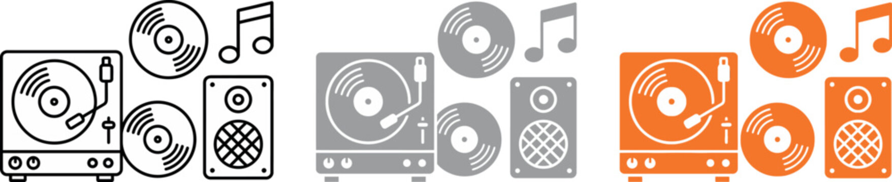 Set of music icons including turntable, vinyl records, speaker and note