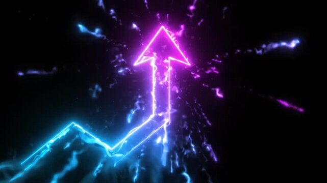 A glowing neon arrow pointing upwards, featuring a dynamic blue to purple color gradient and smoky energy effects