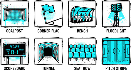 Soccer stadium icons set, 8 hand-drawn football arena elements, teal grunge sports equipment illustrations, athletic venue vector graphics © 成 sнıηяα тєηsєı ツ