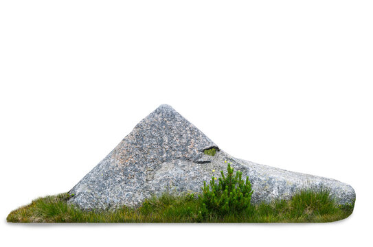 A triangular granite boulder with grass and a small pine on white background.