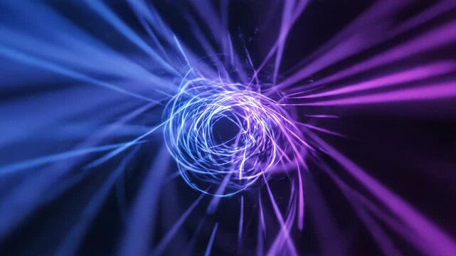 Abstract blue and purple light streaks converging in motion