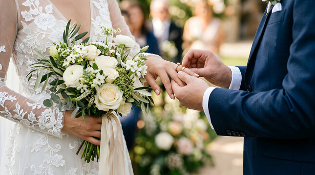 Groom placing a wedding ring on bride finger during outdoor ceremony