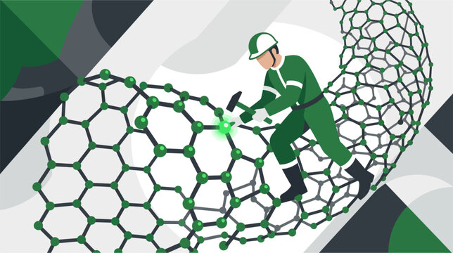 3D Vector illustration of a carbon nanotube construction featuring a hexagonal molecular lattice structure, representing nanotechnology, material science, and advanced chemical engineering.
