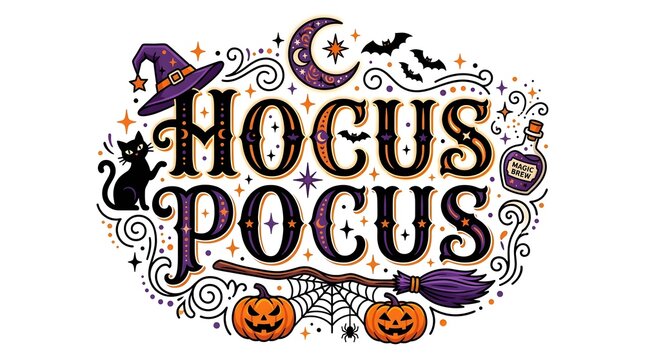Hocus Pocus lettering design spooky Halloween illustration with witch hat cat and magic potion