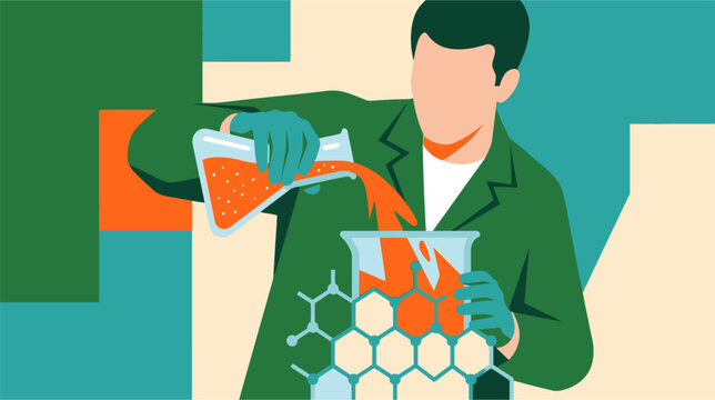 Scientific vector illustration of nanoparticle liquid synthesis process showing molecular structures, suspended particles in solution, and laboratory chemical reaction research setup.