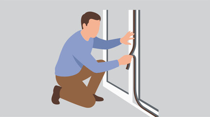 Fototapeta premium Vector illustration showing hands applying weatherproofing sealant to a residential window frame to prevent drafts and improve energy efficiency during home maintenance.