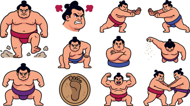 Traditional Japanese Sumo Wrestler Character Set with Salt Throwing Ceremony, Match Fighting Poses, Stomping, and Strong Mawashi Belt Combat Icons