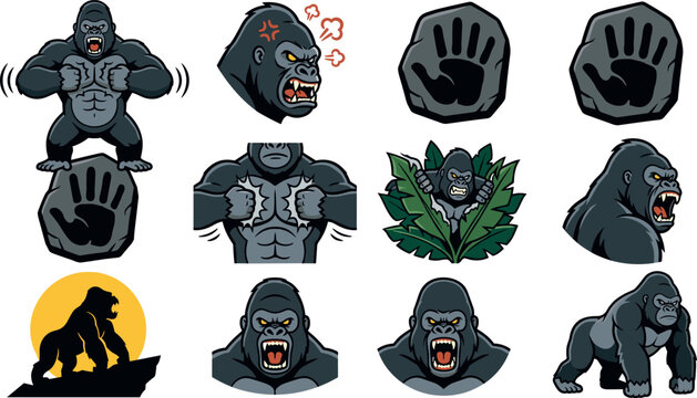 Powerful Silverback Gorilla Mascot Set with Furious Chest Beating, Roaring Head Icons, Stone Paw Prints, Sunset Silhouette, and Jungle Leaf Vectors