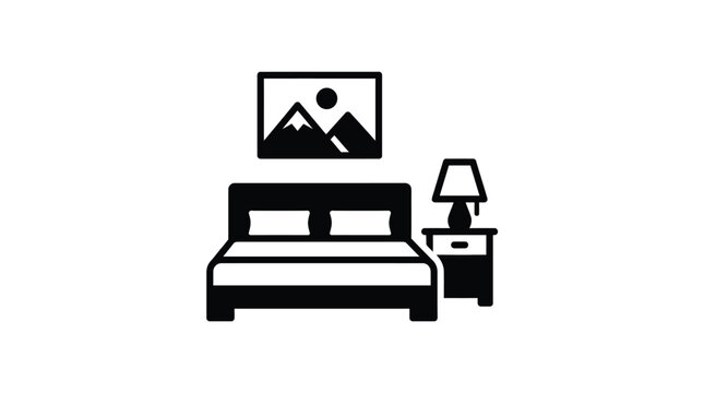 Minimalist bedroom interior vector illustration featuring a simple bed frame with pillows next to a bedside table lamp and a decorative landscape painting hanging on the plain white wall background