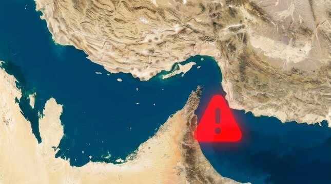 Satellite View of the Strait of Hormuz with Glowing Red Warning Icon Representing Maritime Security Risks and Geopolitical Tension in a Vital Shipping Route