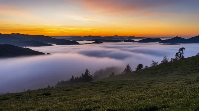 Hilltop mist timelapse swirling fog reveals terrain continuously as sunlight breaks through mist