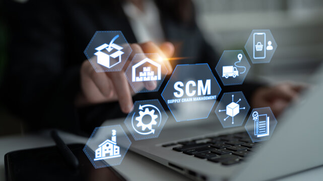 Business Professional Using Technology for Supply Chain Management with Digital Icons and Symbols Representing Logistics and Operations Fluxor.