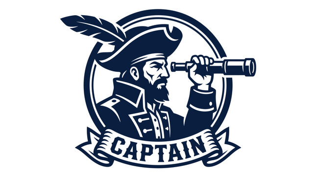 Detailed vector illustration of a bearded sea captain wearing a feathered tricorne hat while looking through a classic brass telescope inside a circular emblem with a banner reading captain below.