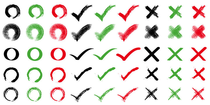 Brush stroke checkmark cross mark and circle symbol set vector