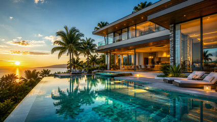 Fototapeta premium Modern luxury villa with pool and palm trees at sunset by the ocean 