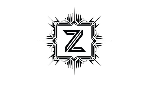 Futuristic monogram letter Z designed with sharp tribal ornaments inside a geometric border over white backdrop.