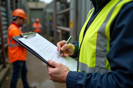 Intimate Portrait of a Safety Officer Inspecting a Checklist, Set Against Industrial Equipment and Confined Space Gear