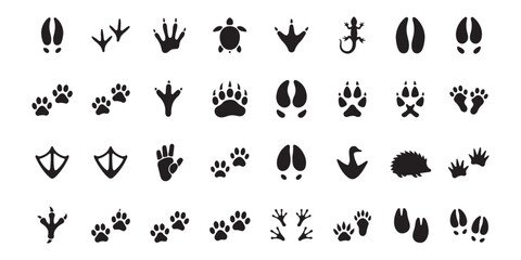 Fototapeta premium Collection of Black Animal and Bird Footprint Tracks Vector