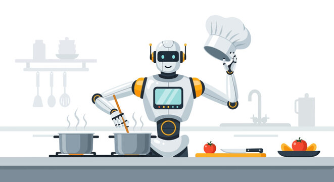 Robot chef cooking in modern kitchen with futuristic technology