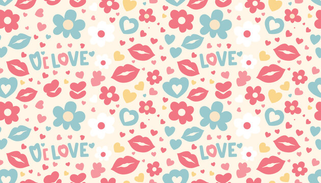 Seamless romantic love pattern with red lipstick kiss prints, small hearts, blue flowers and handwritten text love.