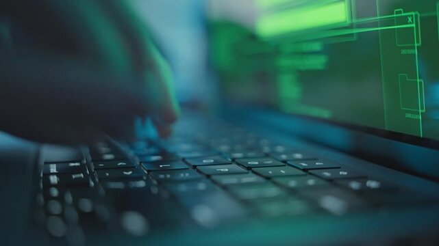 Male hands quickly typing and coding on laptop computer in dark office desk. Close up on fingers moving around pressing on keys. Programmer or engineer hacking into server or working late on an app