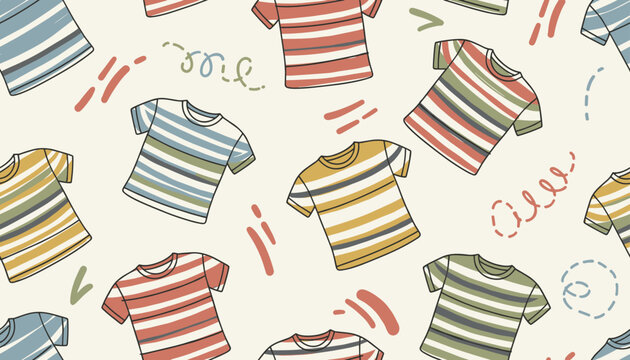 Playful seamless pattern of colorful hand drawn striped t-shirts and small abstract doodles on a beige background.