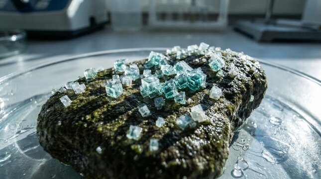 Large salt crystals on a dark stone in the laboratory. a stone with crystals in a petri dish in the laboratory.   Macro photography of the sample in the laboratory.