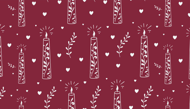 Cozy seamless winter pattern featuring elegant white burning candles and leafy branches on a dark burgundy background.