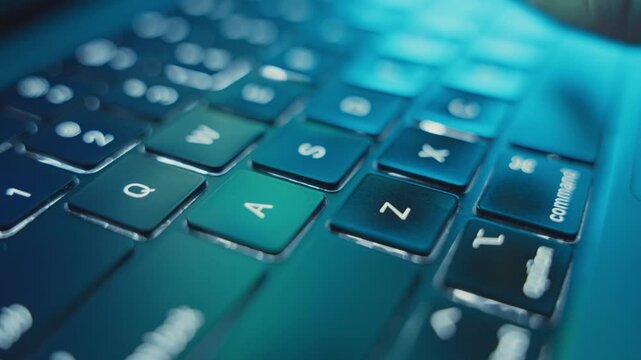 Close up on laptop keys as person rapidly typing or coding on keyboard on desk. Late night working in office or programming software or app. Hacker installing malware breaking into government system