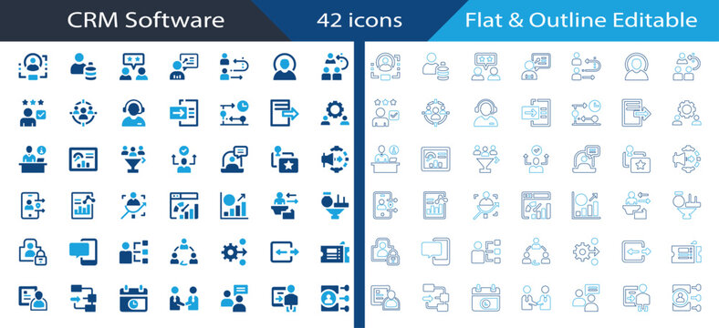 CRM Software flat, outline icon set featuring customer profile, sales funnel, customer support, lead generation, dashboard, and client management for UI.