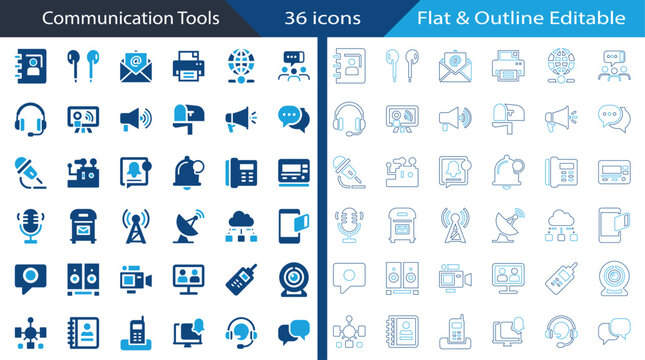 Communication Tools flat, outline icon set featuring email, headset, megaphone, speech bubbles, video call, customer support, and chat collection for UI.