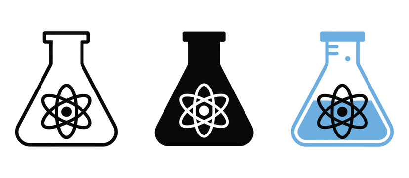 Atom in Flask Emblem with Science Symbol for Chemistry Laboratory Research and Education Vector Illustration