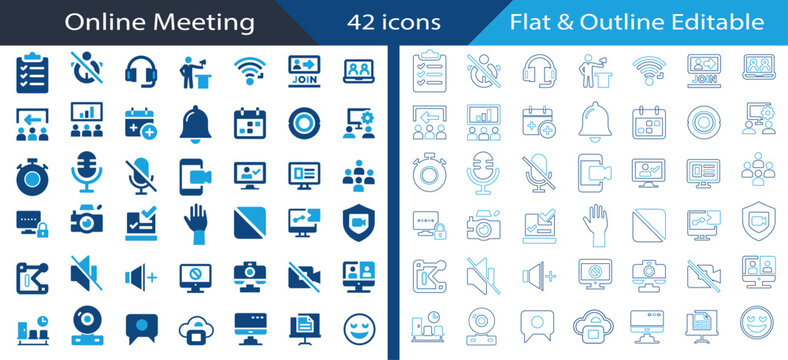 Online Meeting flat, outline icon set featuring video conference, screen sharing, webcam, microphone, whiteboard, and agenda collection for UI.