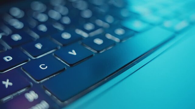 Close up on finger pressing the long narrow Space key or button on laptop. Dark office or studio room illuminated keyboard on computer on desk. Man clicking on space during operation at night