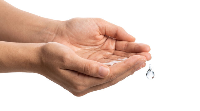 Cupped hands holding fresh water, clear liquid droplet falling from palms, concept of hydration and environmental conservation isolated PNG with Transparent Background