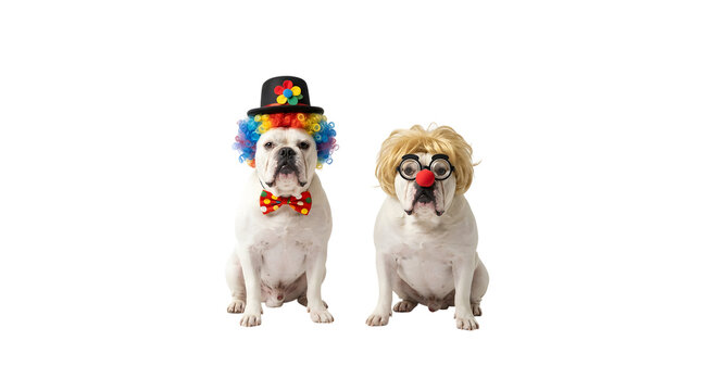 Two bulldogs dressed as clowns for party