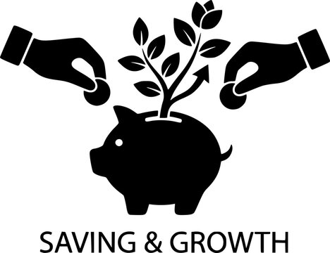 Saving Money and Wealth Accumulation Vector Silhouette, Hand Dropping Coin into Piggy Bank with Money Tree Growth, Future Savings and Retirement Concept Isolated on White