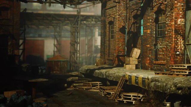 A warehouse area shows an old brick building with sunlight hitting the surface. There are brown boxes stacked and wooden pallets around. Dust and shadows fill the space.