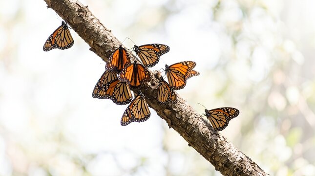 Group of monarch butterflies perched on a tree branch. Insects gathering during migration pattern. Wildlife resting in natural habitat. Ecological conservation and insect biodiversity concept.