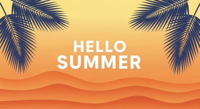 Hello summer background with palm leaves and sunset gradient