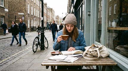 Obraz premium A young woman in denim jacket and knit scarf sips coffee at an outdoor wooden sidewalk café table on a cobblestone European street, with pedestrians, leafy trees and storefronts lining the alley 