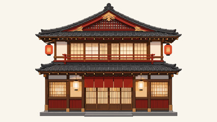 Fototapeta premium Japanese storefront with red and gold architecture on pale background, storefront, Japanese, building, architecture, red, gold,