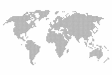 Dotted world map illustration on a white background representing global connections and geography © Shabita