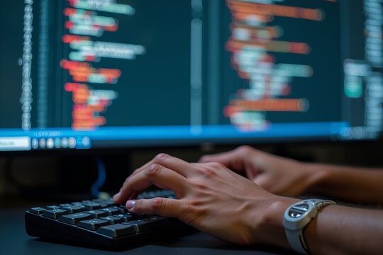 Intense Focus: A Software Engineer's Hands Typing on a Mechanical Keyboard, Code Reflected on a Large Monitor Behind