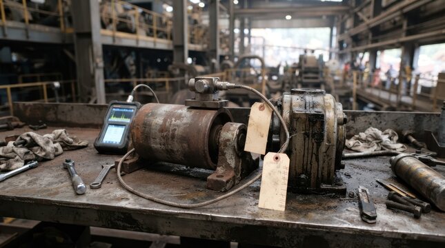 Mining reliability maintenance setup with vibration sensor, worn conveyor idler, grease-streaked gearbox, maintenance tags, and ore dust on a steel workbench.