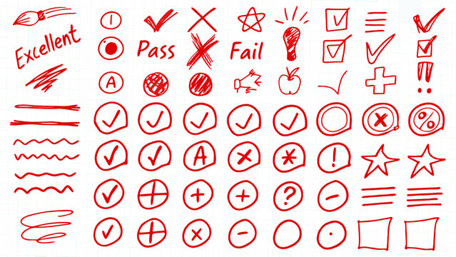 Hand drawn school supplies and grading symbols in a doodle style illustration